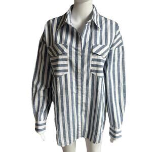 Ariat Western Shirt Women M Blue White Striped Button Up Oversized Cowgirl Rodeo